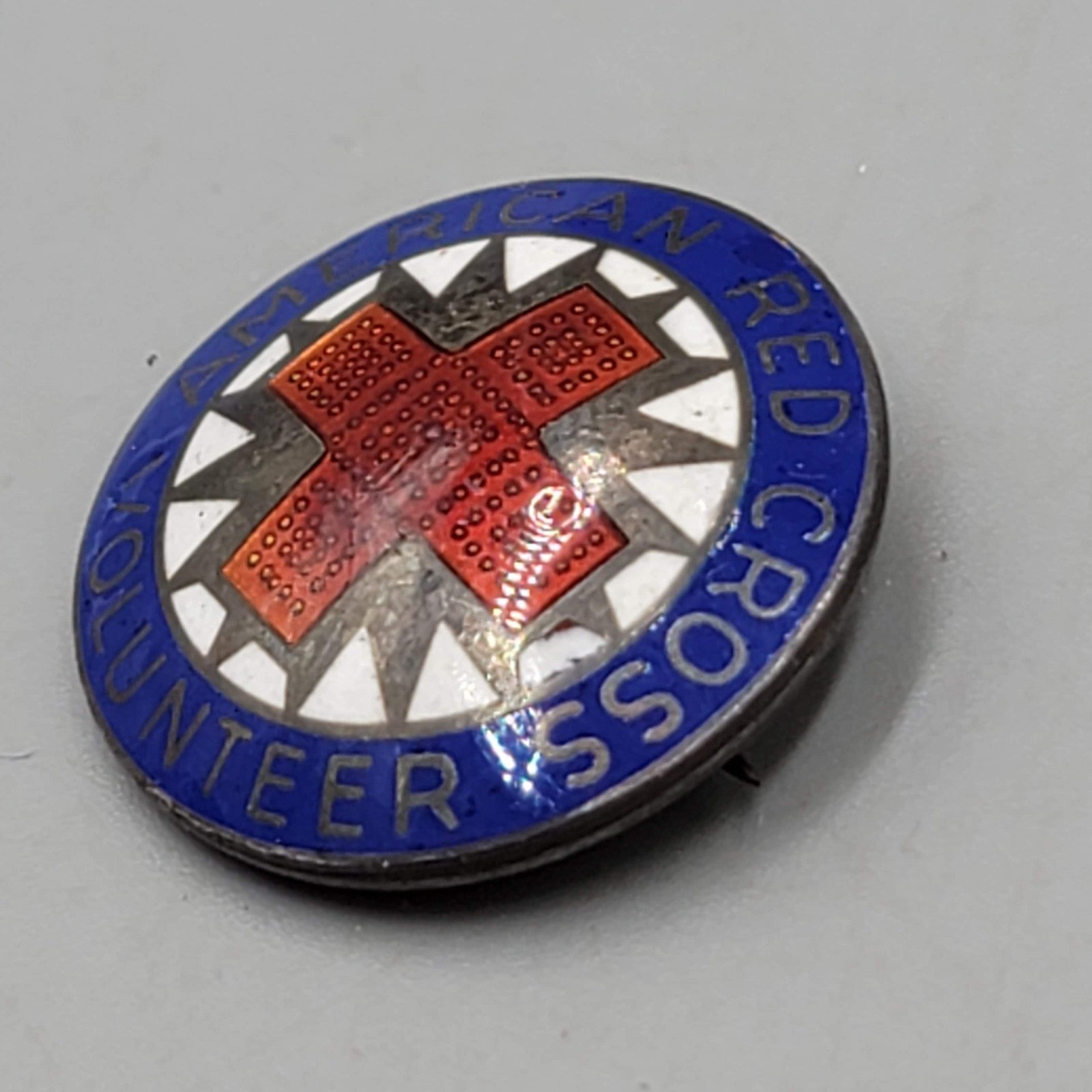 Vintage American Red Cross Award Sterling Silver Enamel Pin Brooch Volunteer