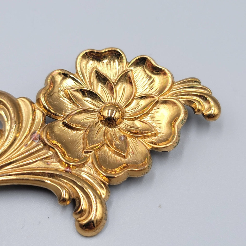 Vintage Flower Brooch Embossed Gold Tone Metal 3 3/8""