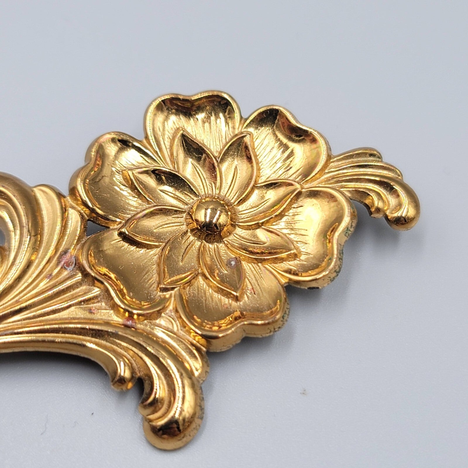 Vintage Flower Brooch Embossed Gold Tone Metal 3 3/8""