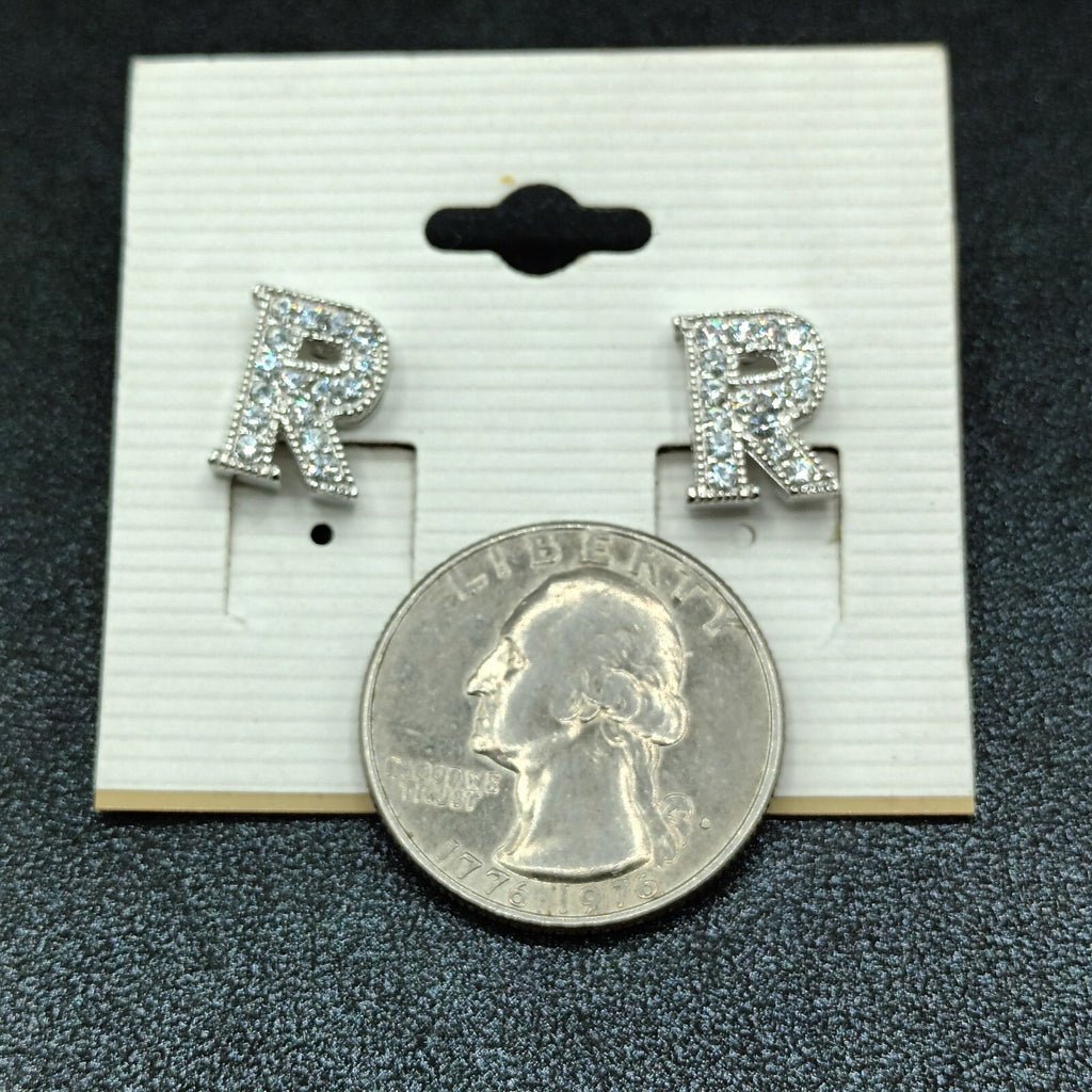 Pierced Earrings Silver tone Rhinestone Letter R Studs 1/2" New Old Stock