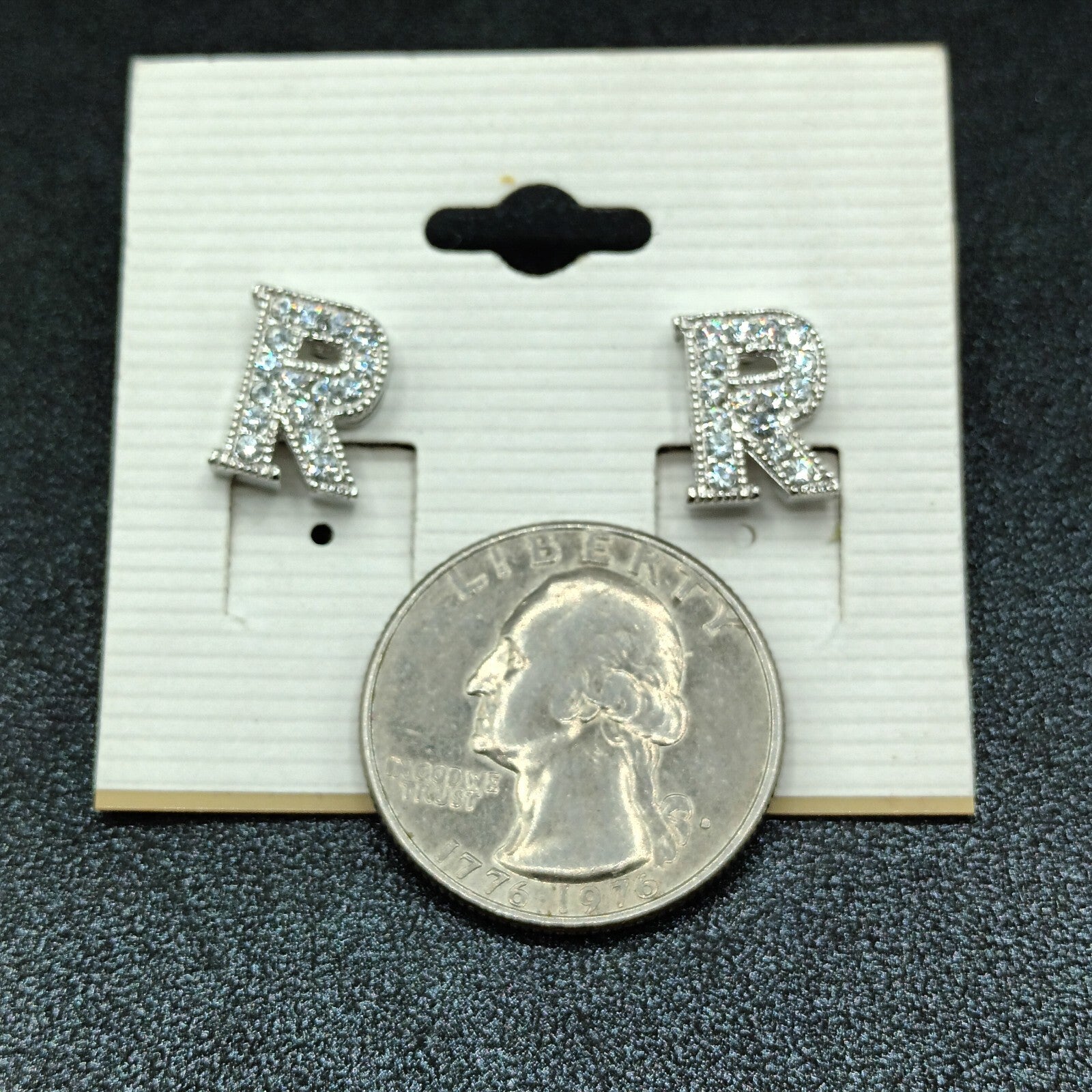 Pierced Earrings Silver tone Rhinestone Letter R Studs 1/2" New Old Stock