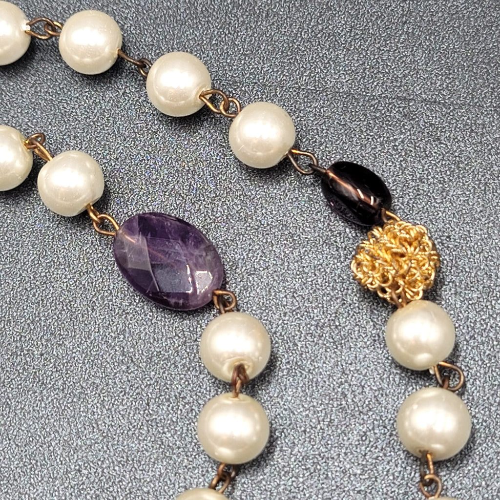 Long Necklace Faux Pearl Gold tone Wire Amethyst and Glass Beads 40"