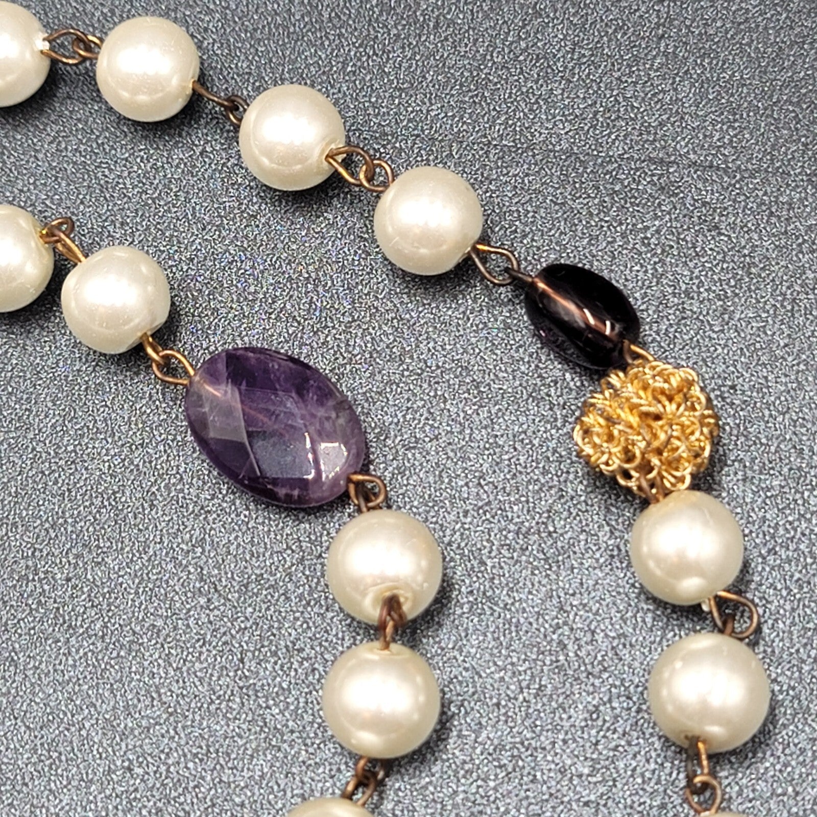 Long Necklace Faux Pearl Gold tone Wire Amethyst and Glass Beads 40"