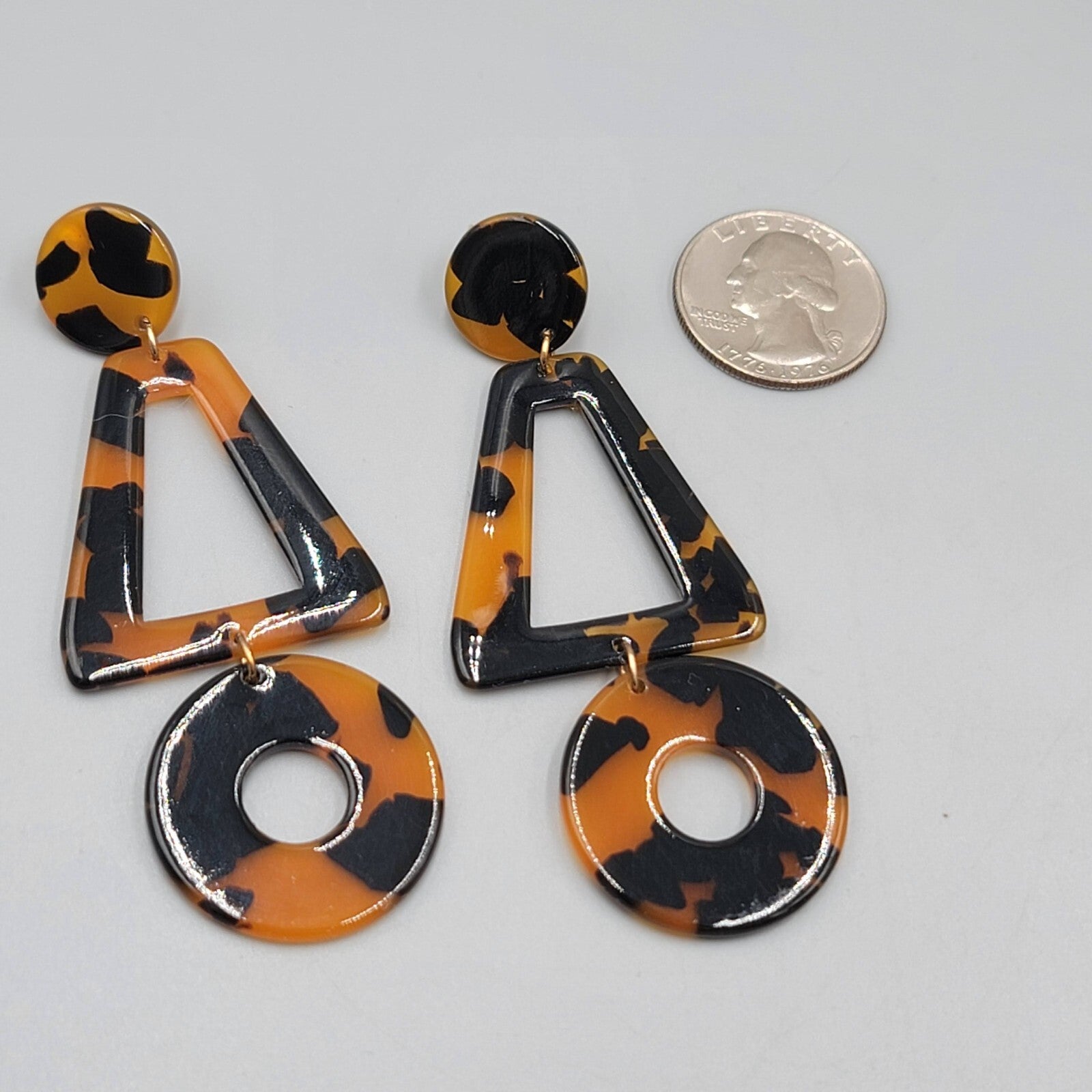 Pierced Earrings Tortoise Brown Acrylic Geometric Dangle Statement 3.25"