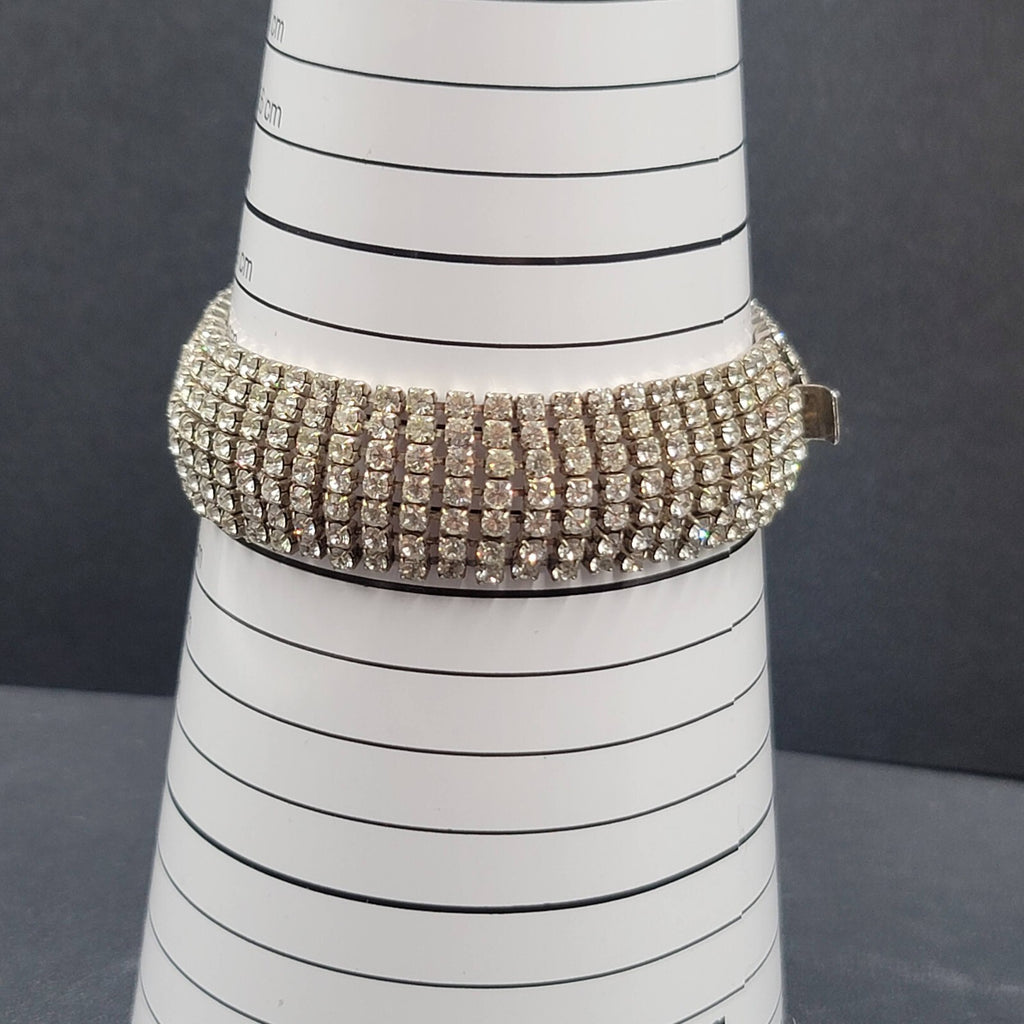 Vintage Wide Rhinestone Bracelet Silver tone 7 in