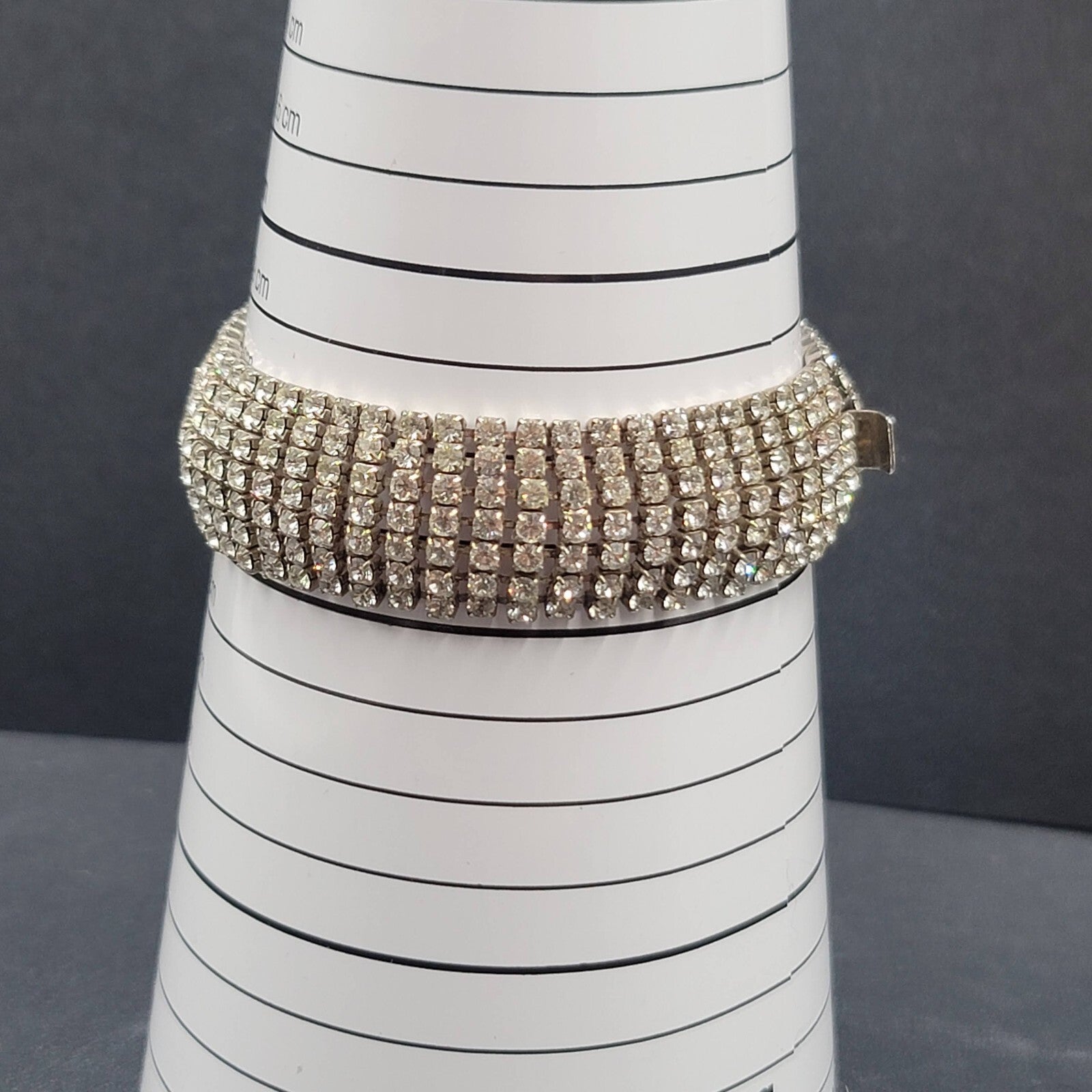 Vintage Wide Rhinestone Bracelet Silver tone 7 in