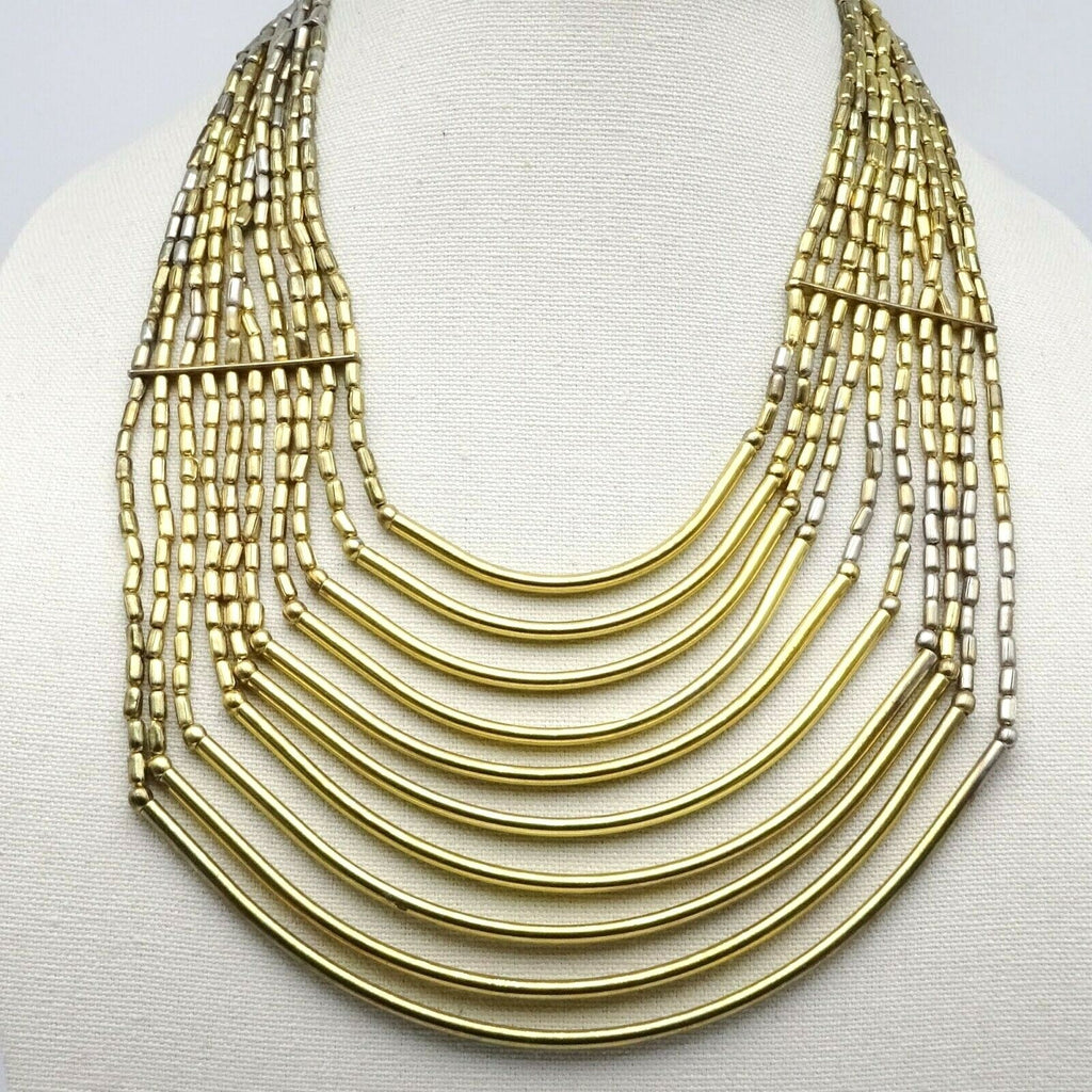 Large Multi Strand Statemet Necklace 18" Two-toned Gold & Silver Metal Beads