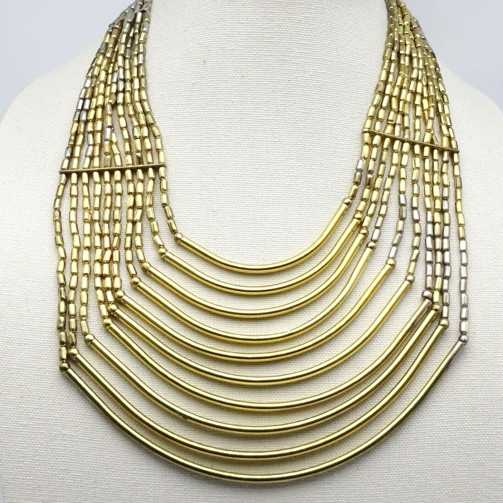 Large Multi Strand Statemet Necklace 18" Two-toned Gold & Silver Metal Beads