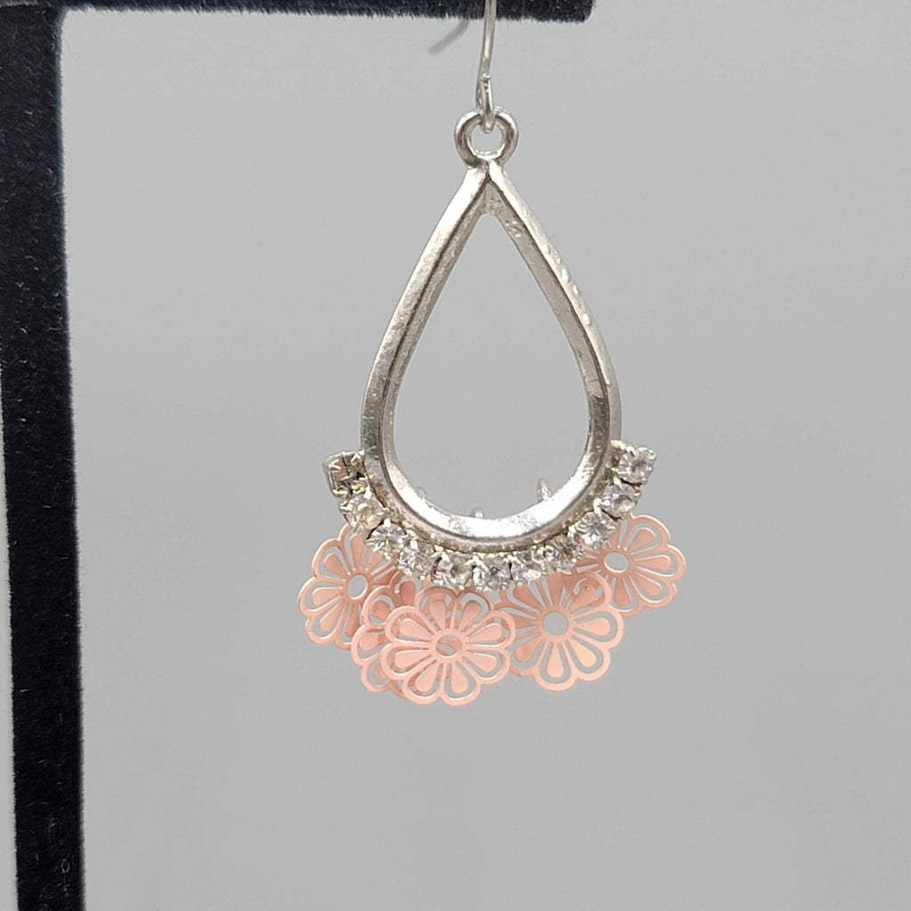 Pink Flowers Pierced Earrings Silver tone Teardrop Rhinestone Dangle 1 3/8"