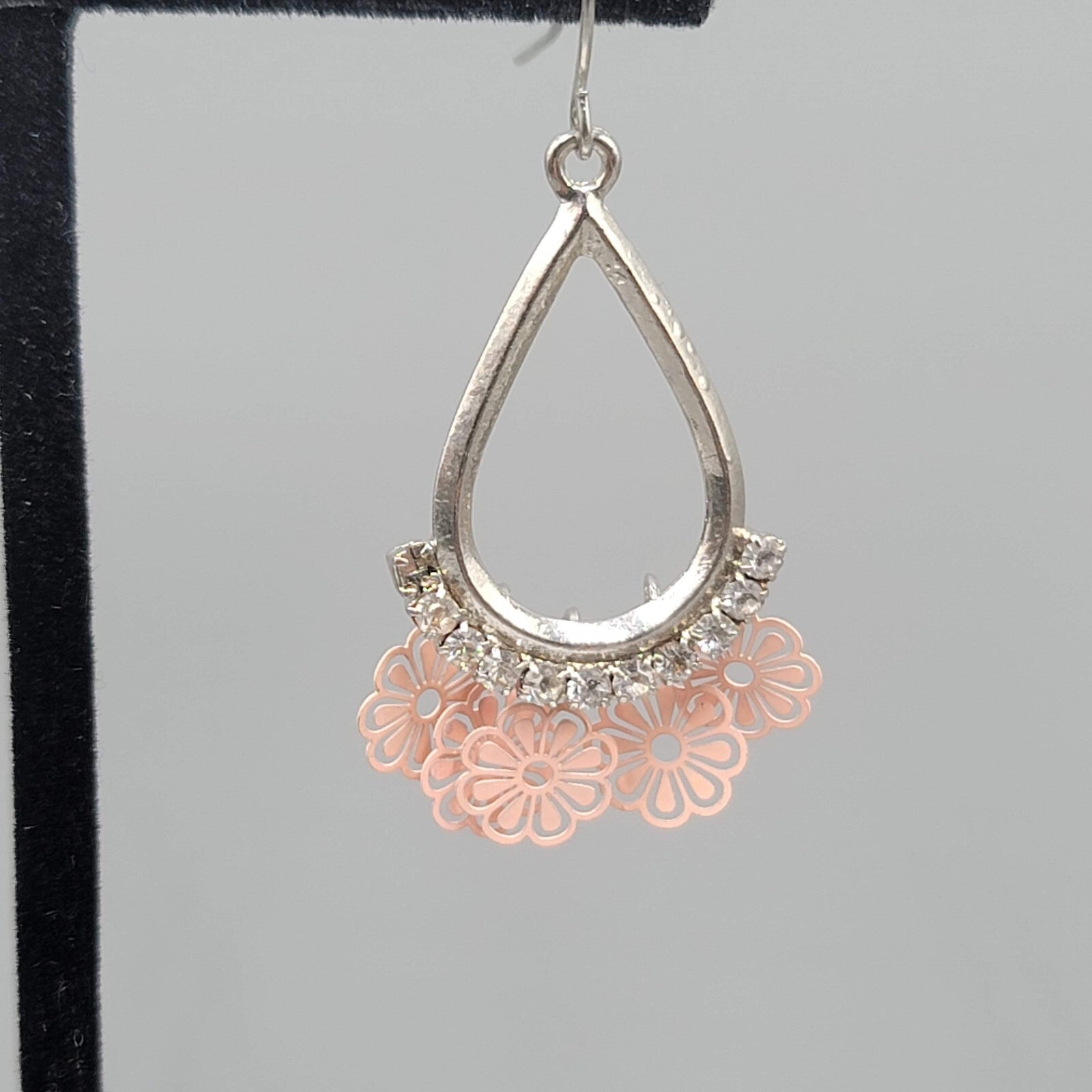 Pink Flowers Pierced Earrings Silver tone Teardrop Rhinestone Dangle 1 3/8"