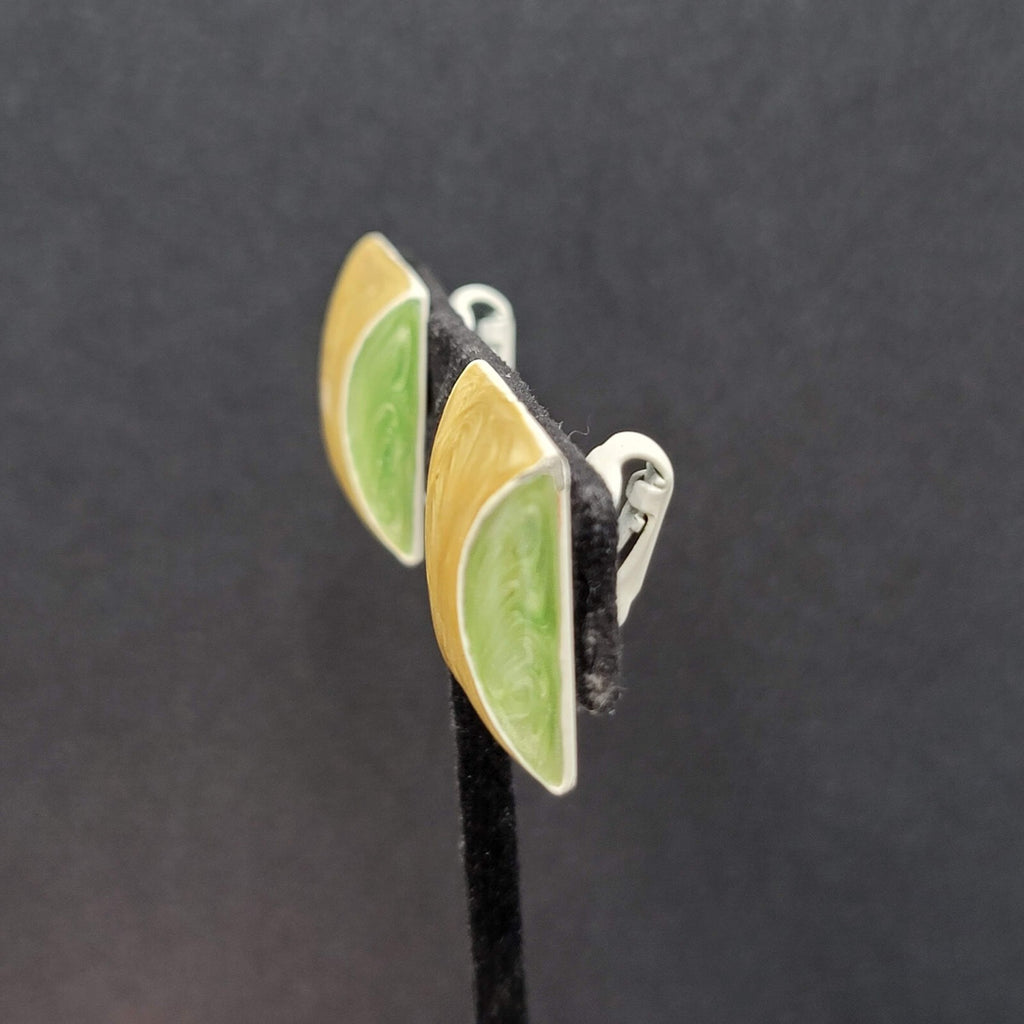 Vintage Clip on Earrings Green Yellow White Enamel Squares 7/8"