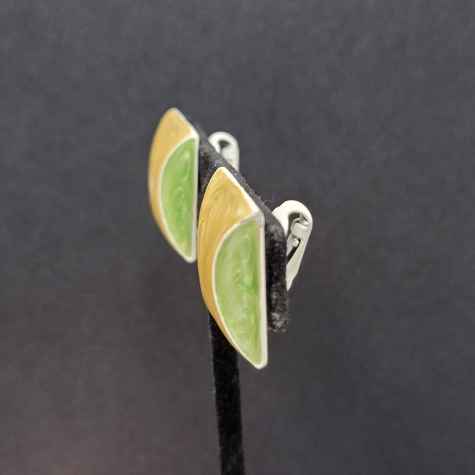 Vintage Clip on Earrings Green Yellow White Enamel Squares 7/8"
