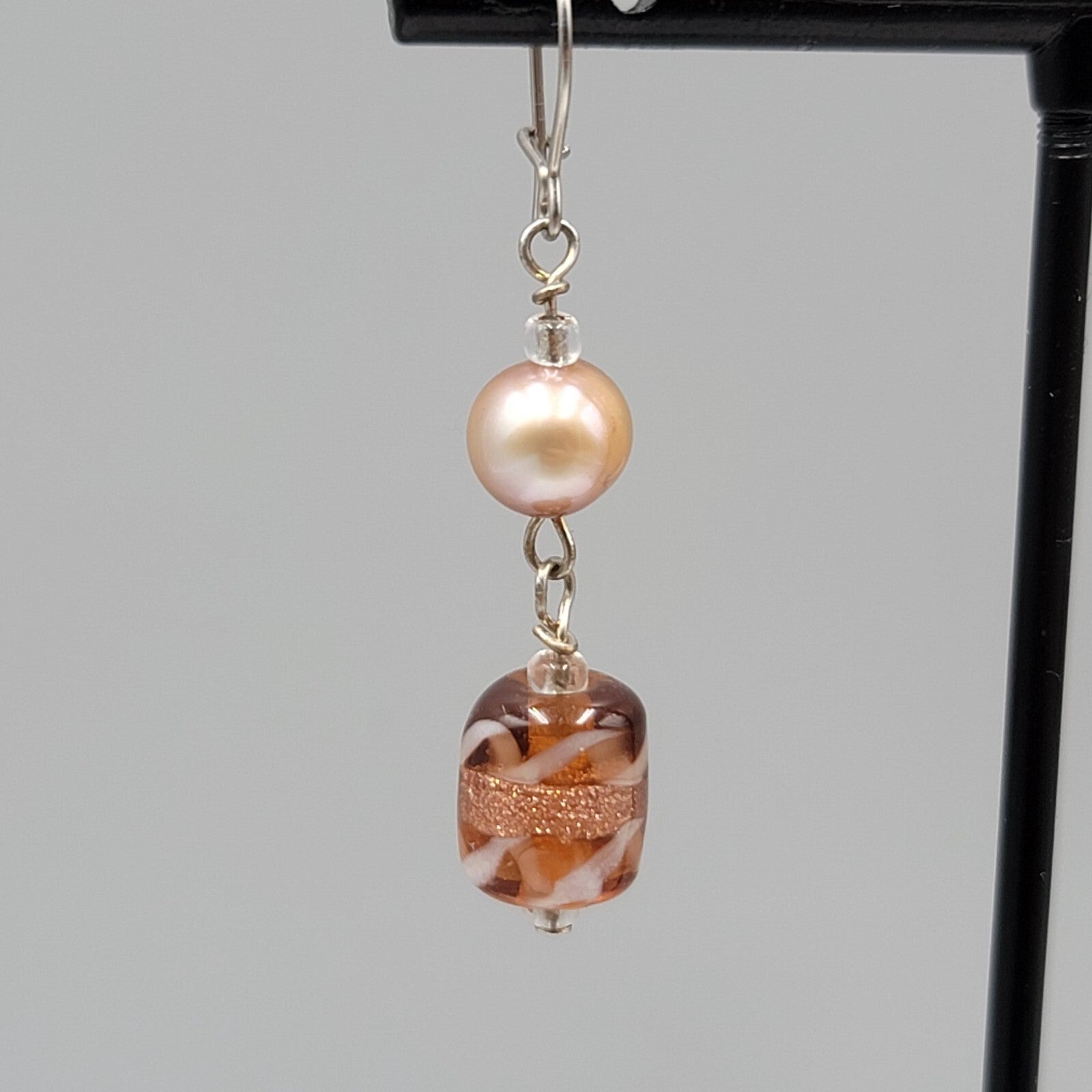 Art Glass Bead Pierced Earrings Silver tone Dangle 1.25"