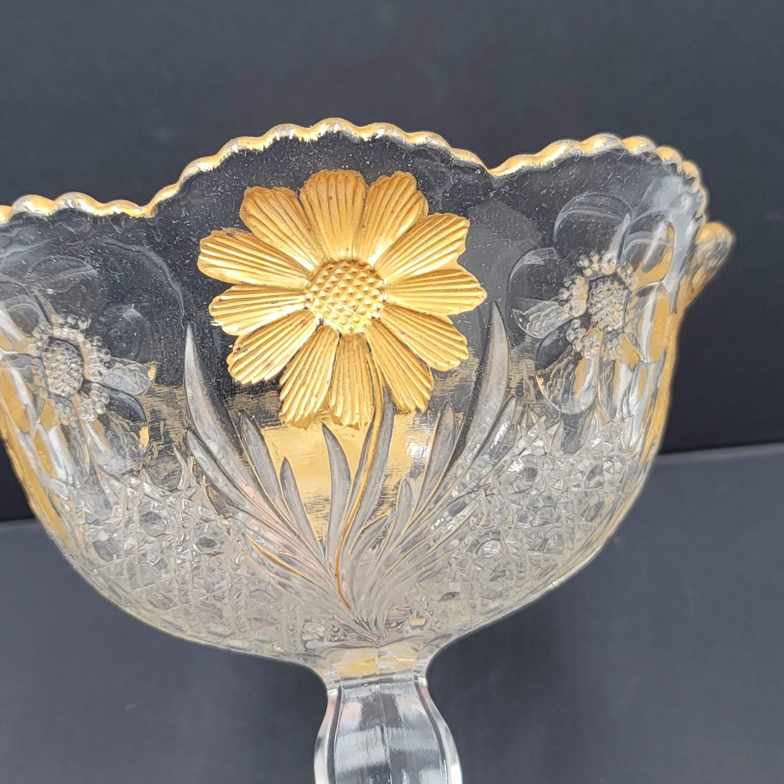 Pressed glass compote candy dish clear gold daisy floral pedestal scalloped rim