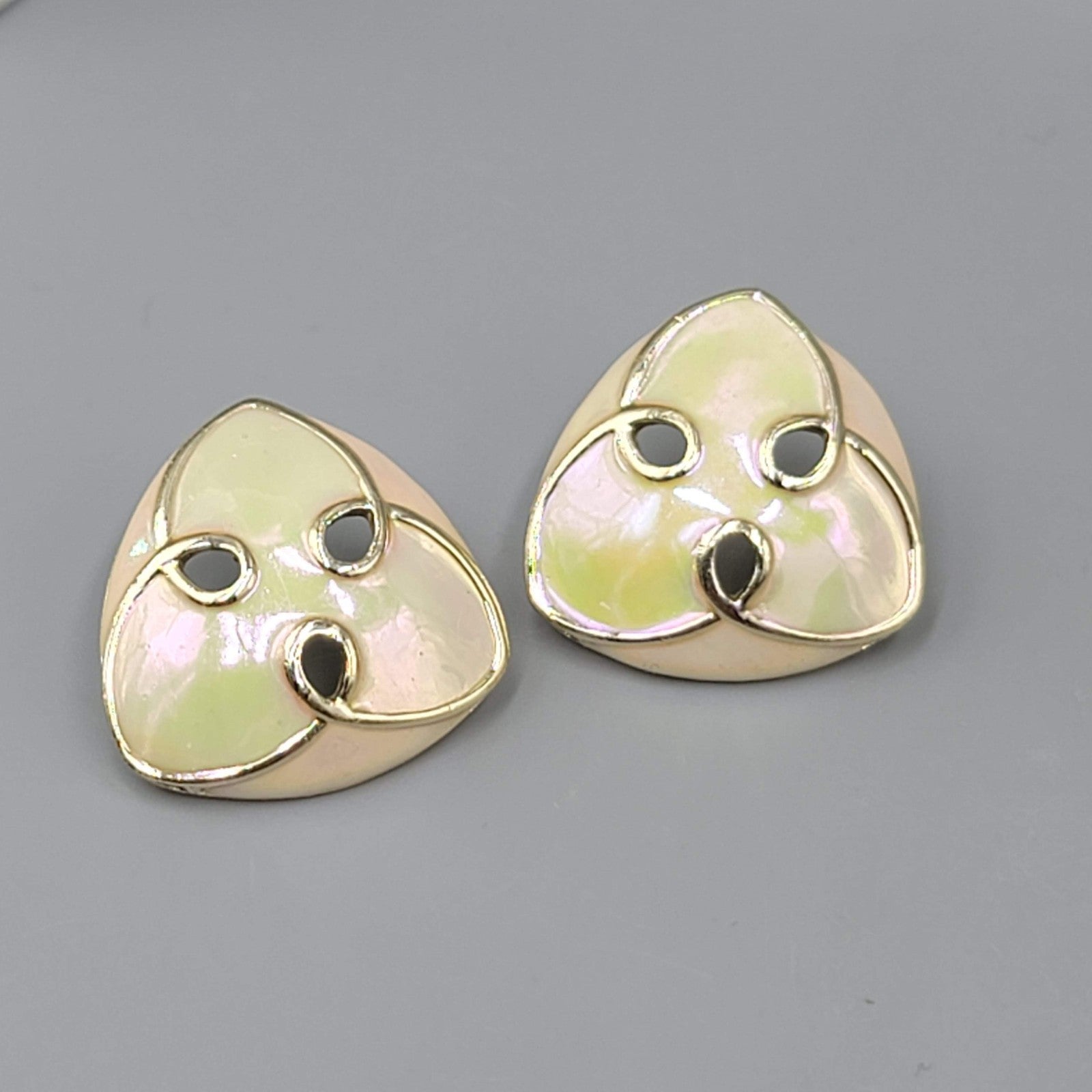 Vintage Iridescent White Enamel Pierced Earrings Triangle Drop 1 1/8"