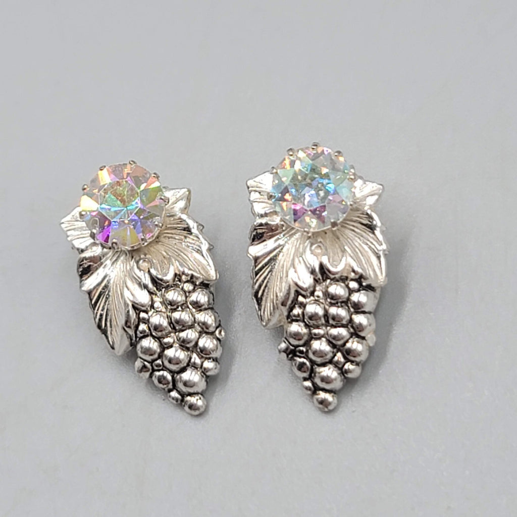 Sterling Silver Clip On Earrings Grapes AB Rhinestone Drop 3/4"