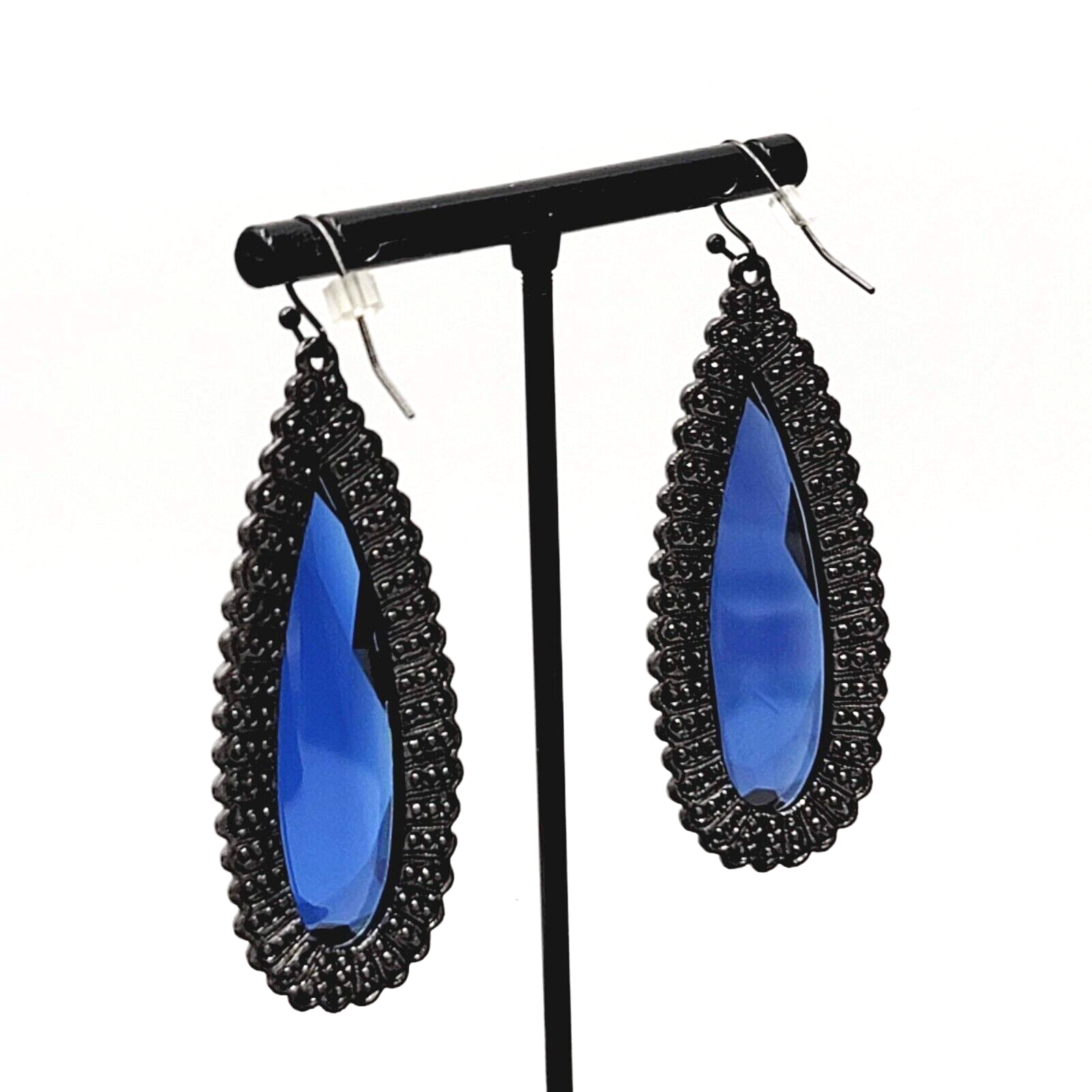 Pierced Earrings Black Metal Large Blue Glass Faceted Teardrop Gothic 2 1/8"