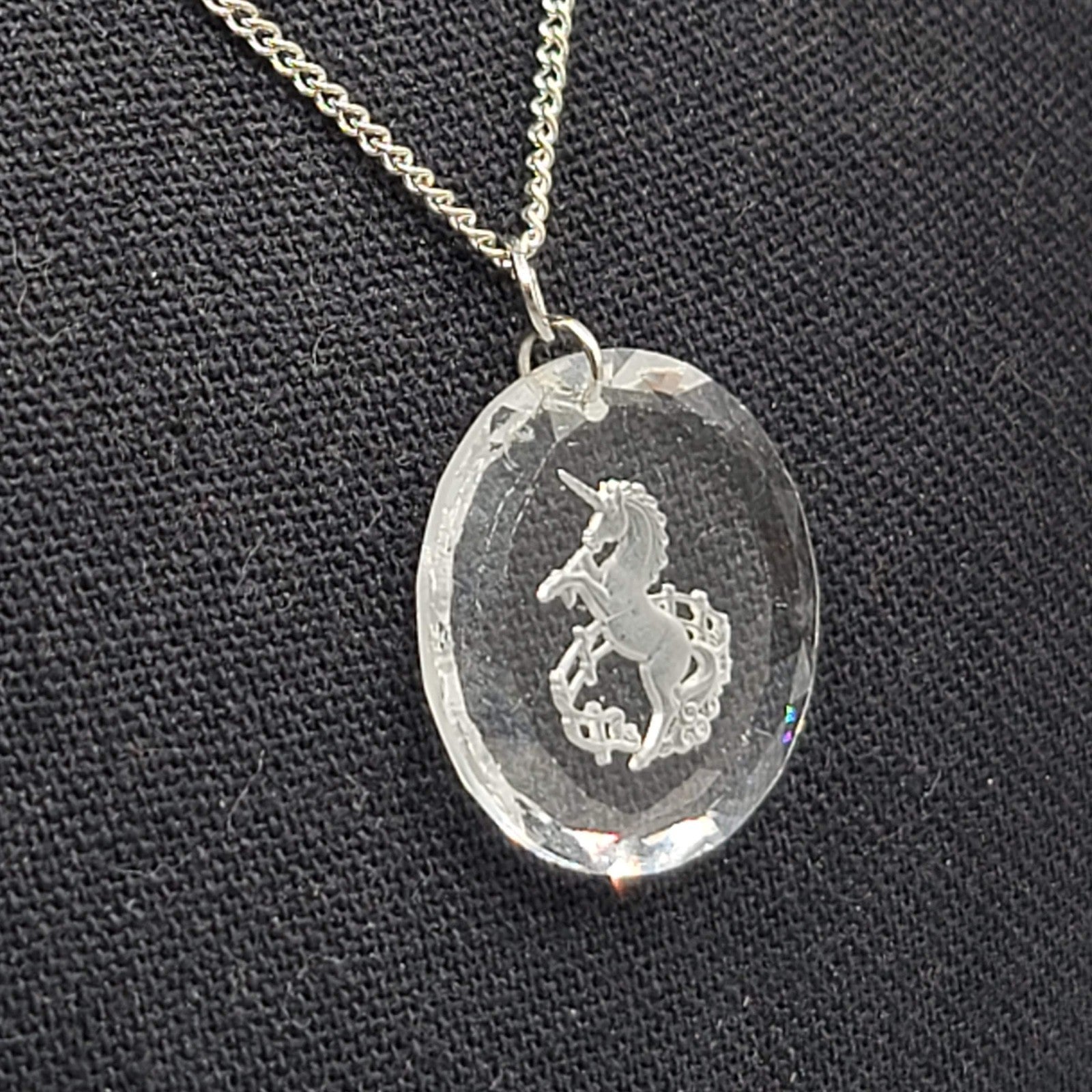 Vintage Unicorn Pendant Necklace Reverse Cut Long Silver tone Chain 24 in