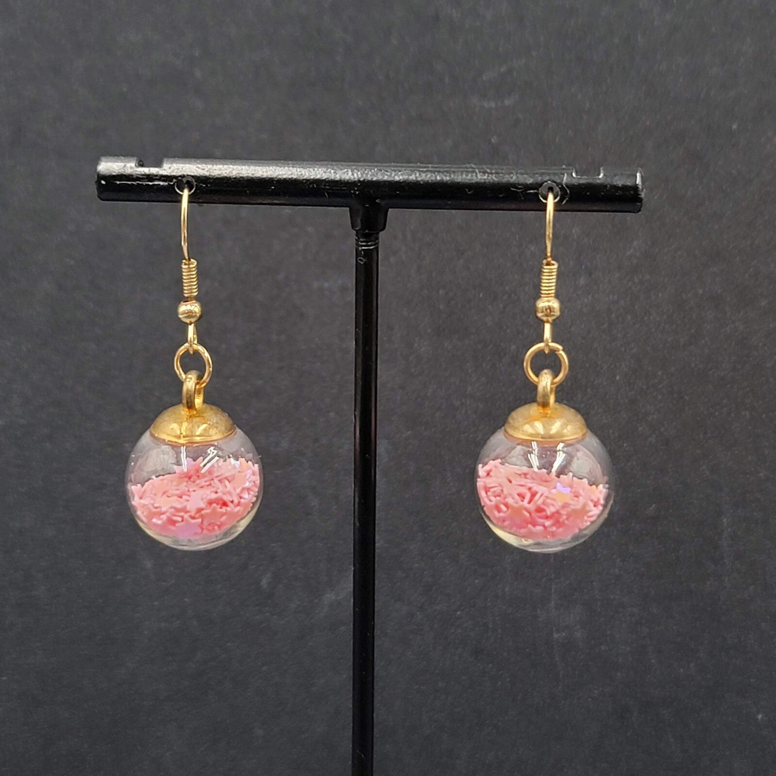 Pierced Earrings Silver tone Pink Star Confetti Glass Dangle 3/4"