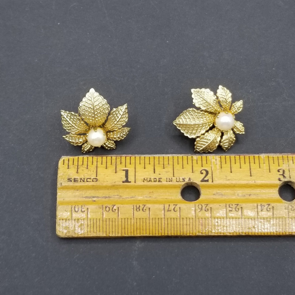 Vintage Clip On Earrings Gold tone Leaf with Faux Pearl Drop 1"