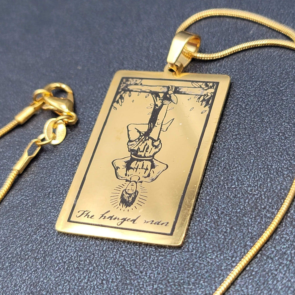 The HANGED MAN Tarot Card Pendant Necklace Major Arcana Gold tone 18”.