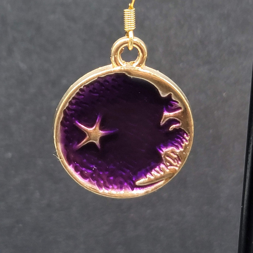 New Round Moon Pierced Earrings Gold tone Purple Enamel Dangle 1"