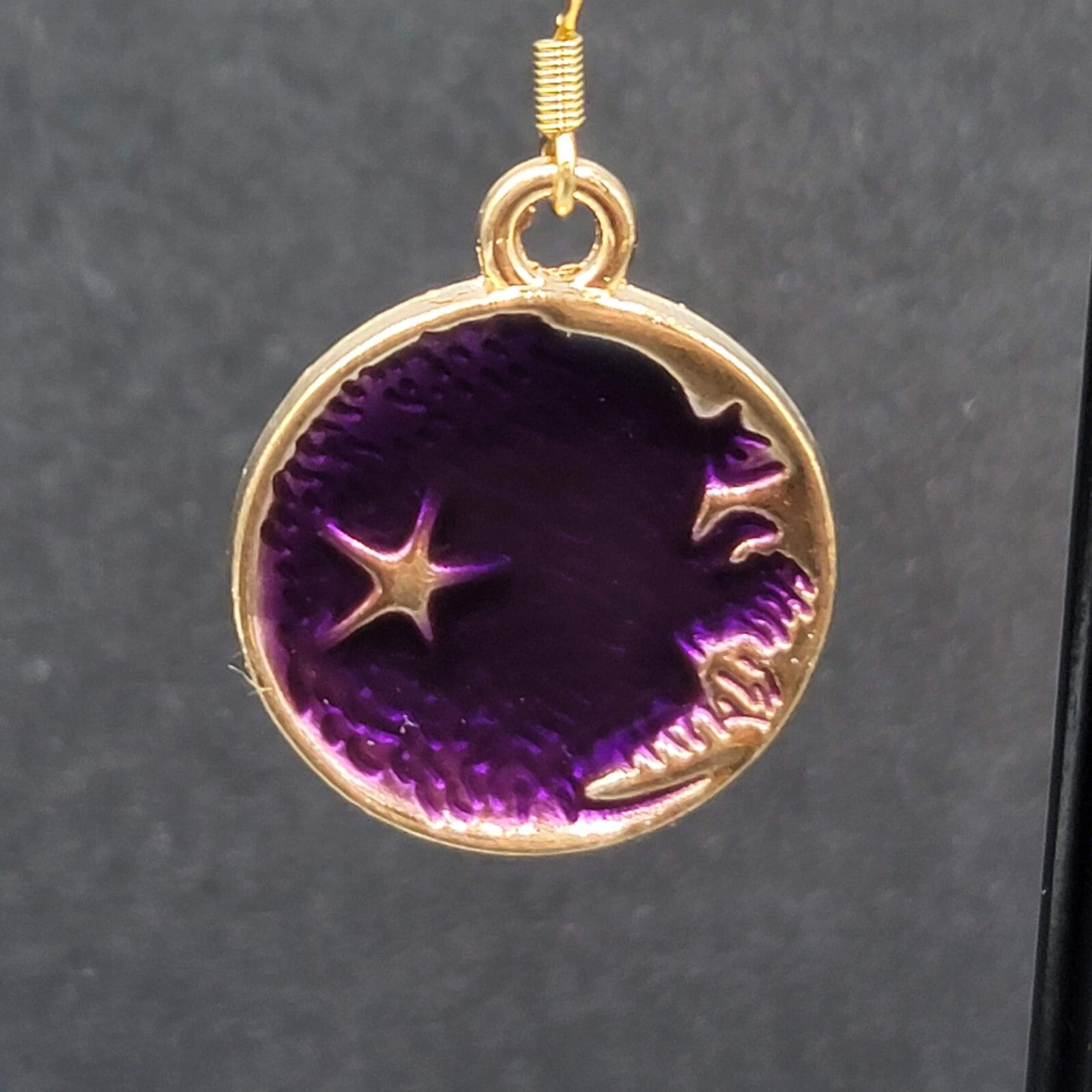 New Round Moon Pierced Earrings Gold tone Purple Enamel Dangle 1"