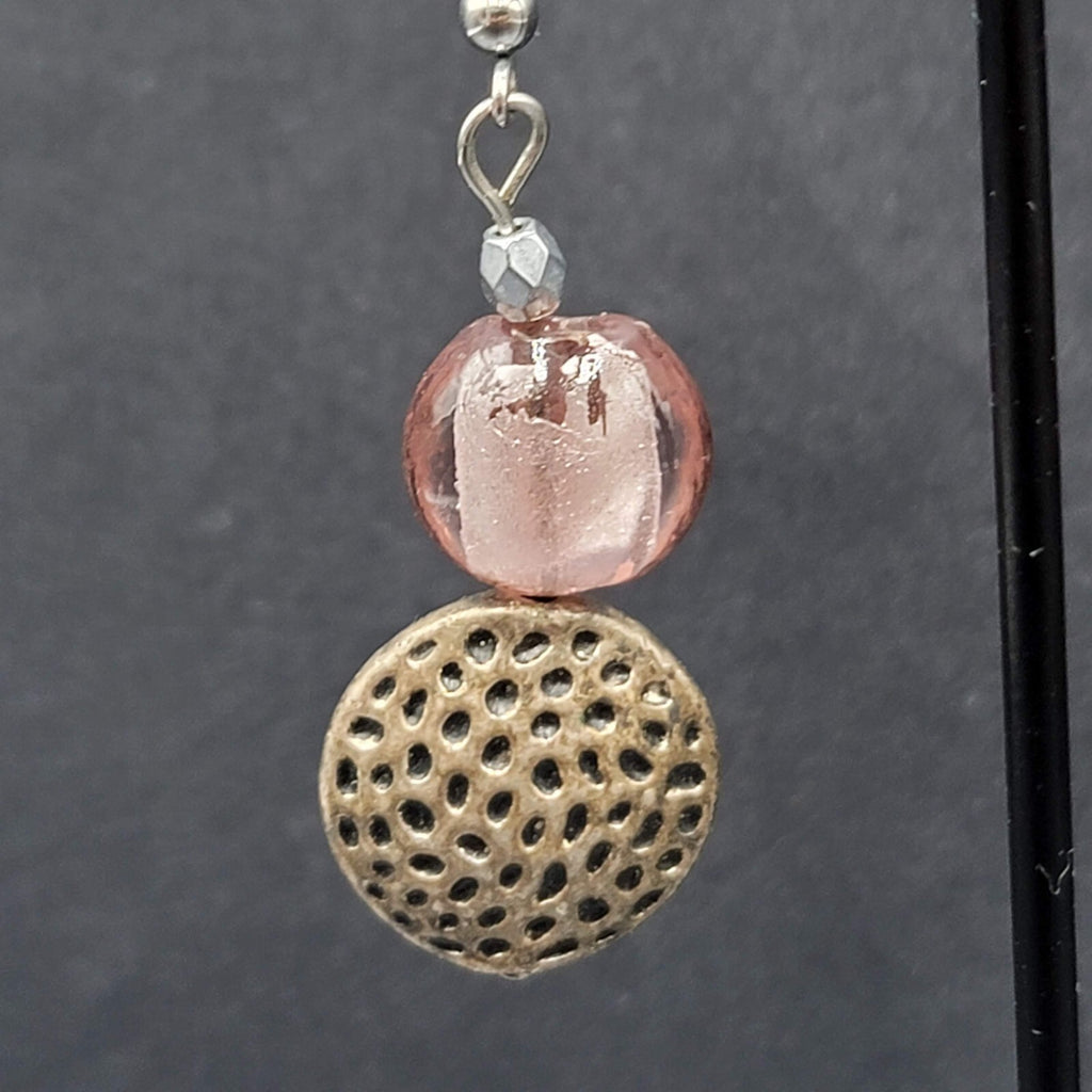 Pierced Earrings Silver tone Pink Glass Beaded Dangle 1.5"
