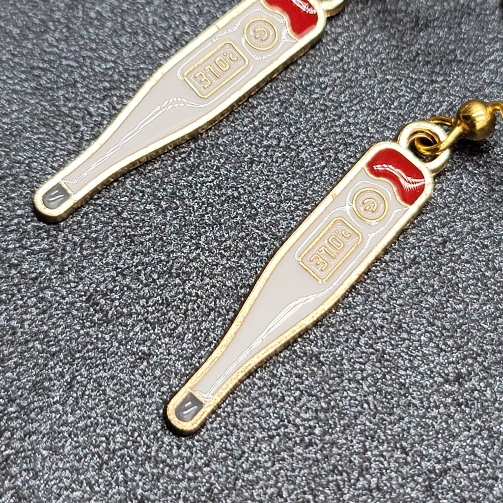 Nurse Thermometer Pierced Earrings Red White Enamel Gold tone Dangle 1 1/8"