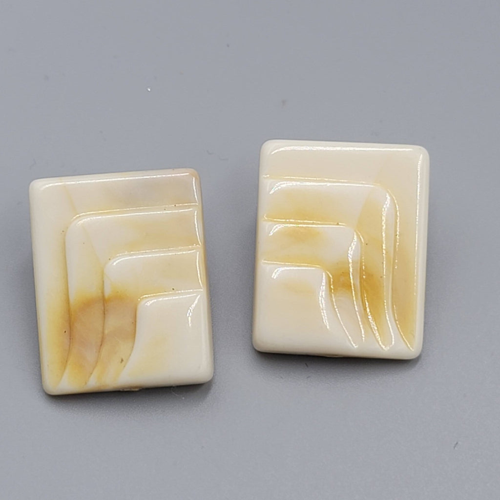 Vintage Pierced Earrings Acrylic Rectangle Drop Beige Tan Swirl 1.25"