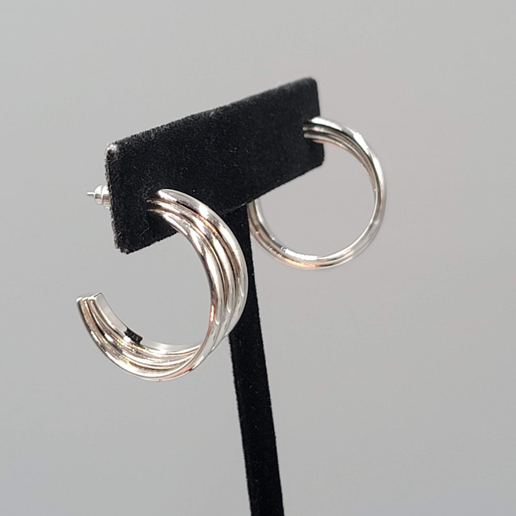 Silver tone Triple Wire Twist Hoop Pierced Earrings Hoops Drop 1"