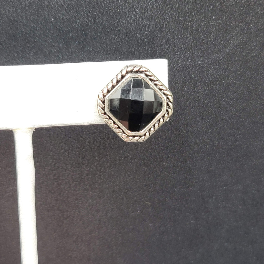 Clip on Earrings Silver tone Black Faceted Square Studs 5/8"