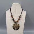 Avon Tigers Eye Stone Bead Necklace Bronze tone Medallion Leather Cord 16"
