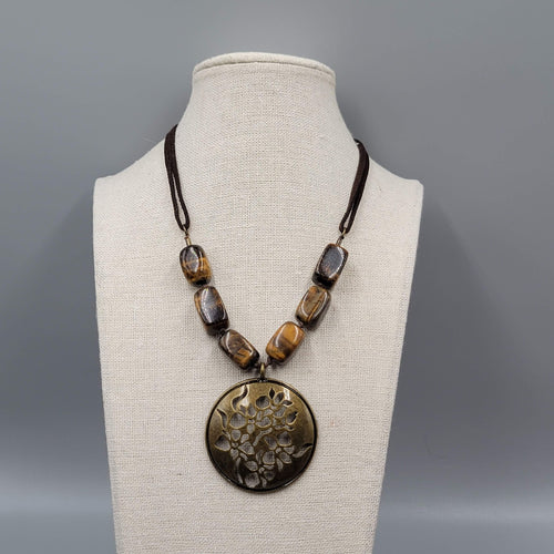 Avon Tigers Eye Stone Bead Necklace Bronze tone Medallion Leather Cord 16"