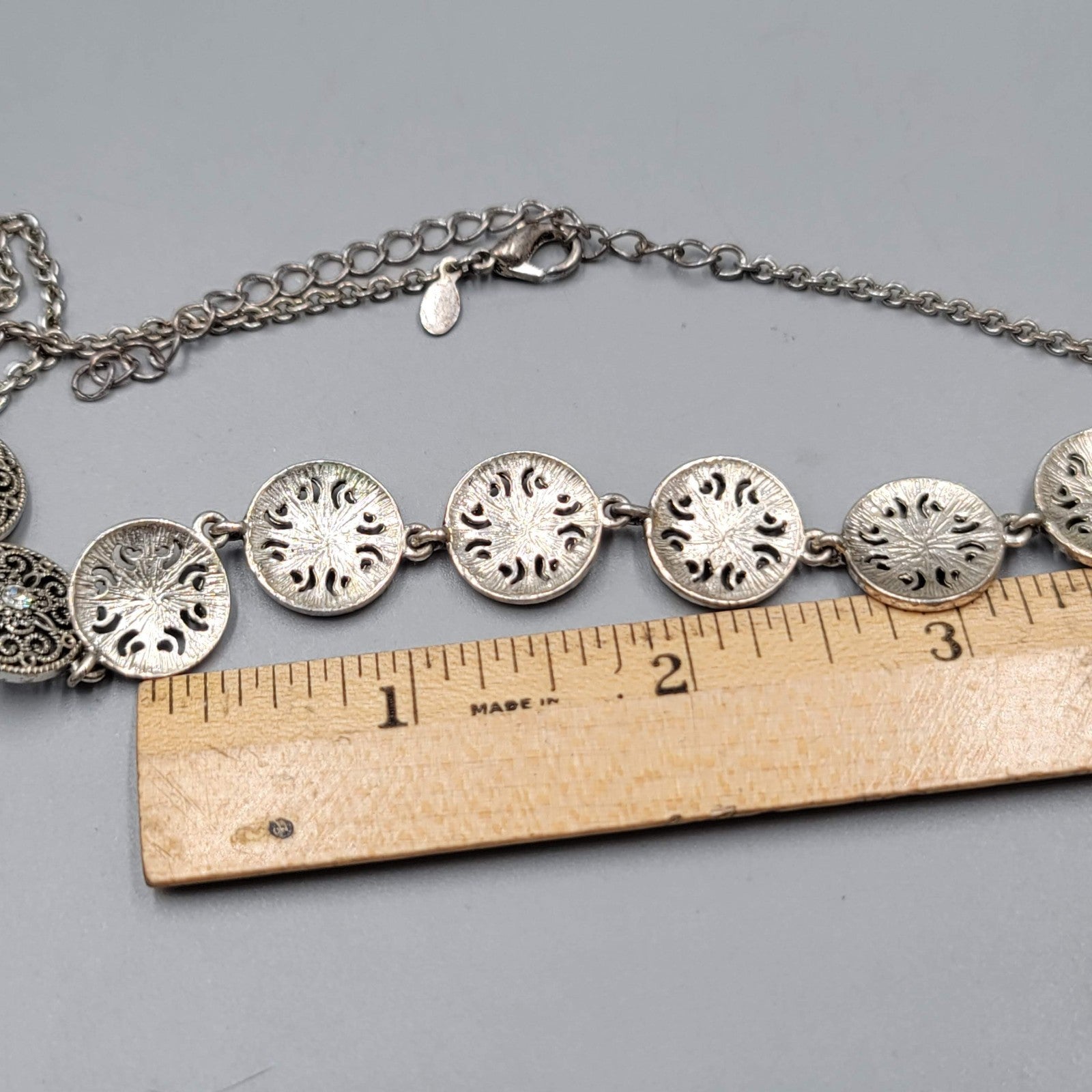 Premier Designs Round Filigree Necklace Crystal Silver tone 16"-18"