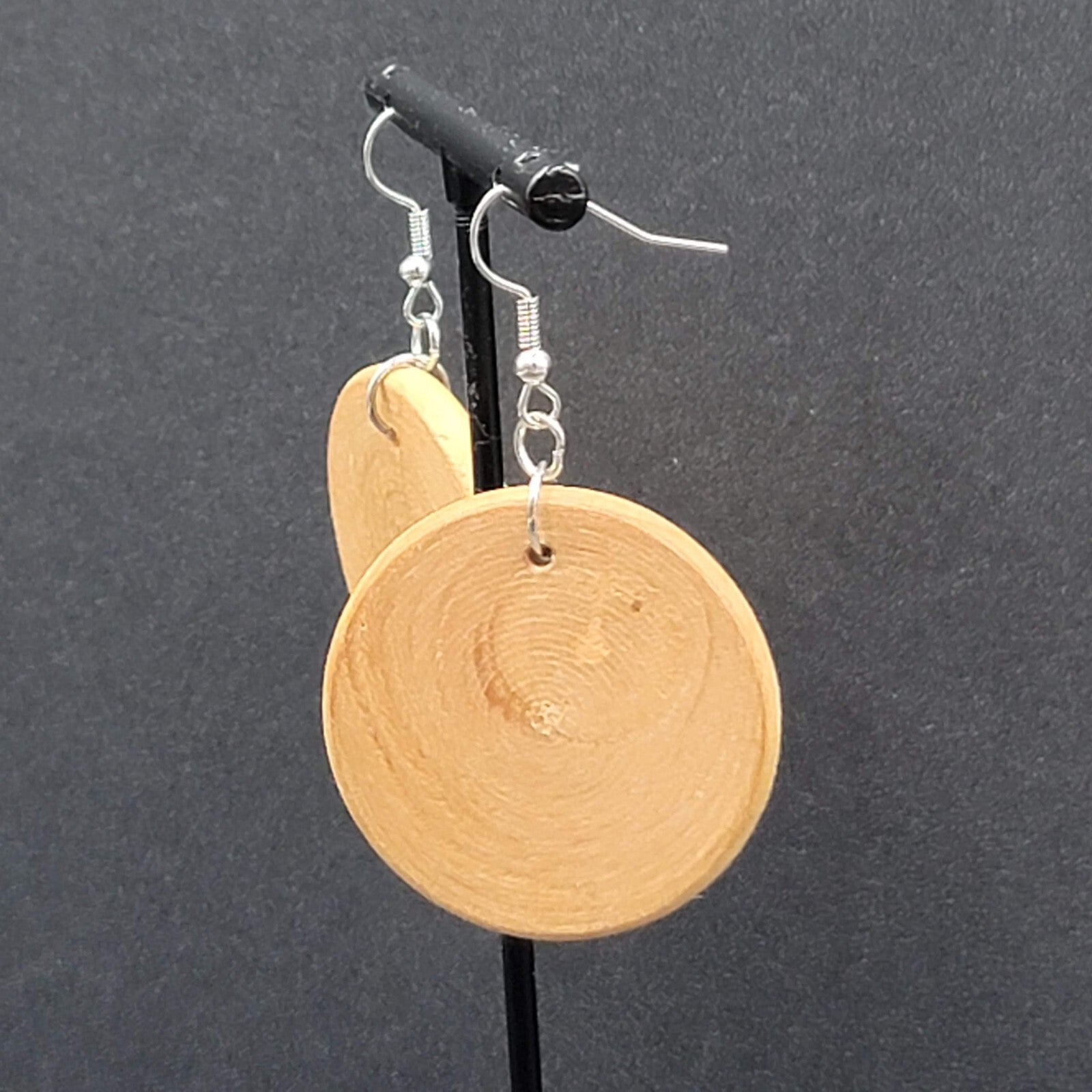 Pierced Earrings Silver tone Real Wood Discs Dangle Boho 1.5"