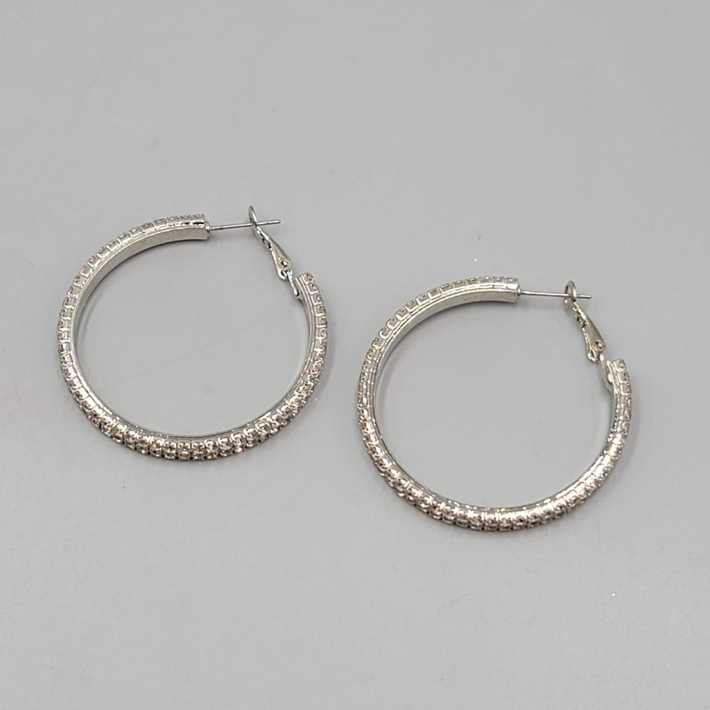 Rhinestone Studded Round Hoops Pierced Earrings Silver tone 1.5 in