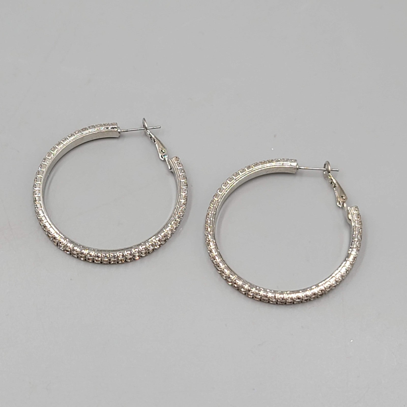 Rhinestone Studded Round Hoops Pierced Earrings Silver tone 1.5 in