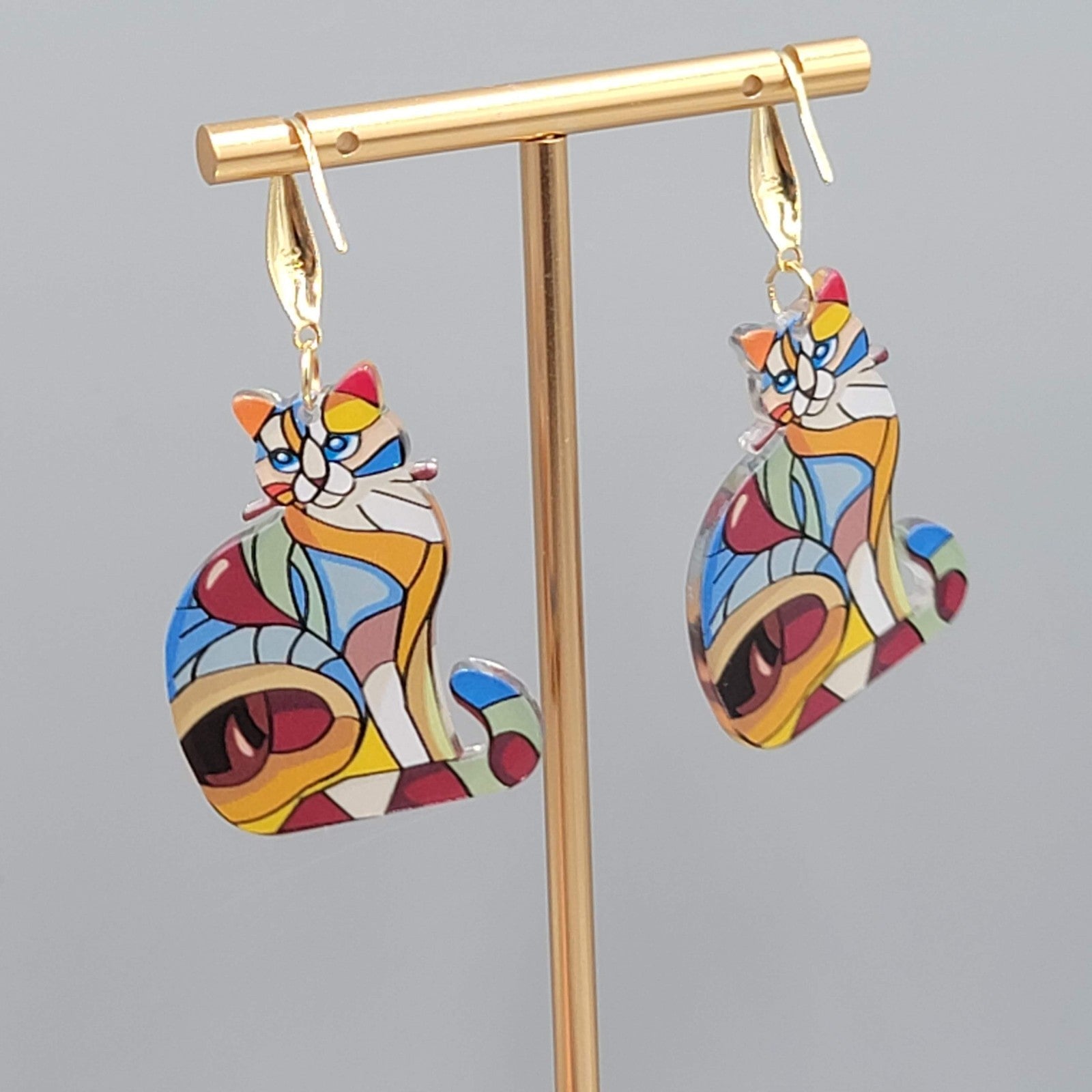 Multicolor Mosiac Kitty Cat Pierced Earrings Acrylic Dangle Gold tone 1.5" long