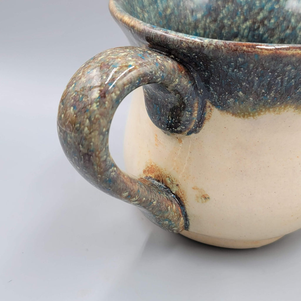 Art Pottery Coffee Mug Artist Signed CR Large Drop Glaze Green Tan