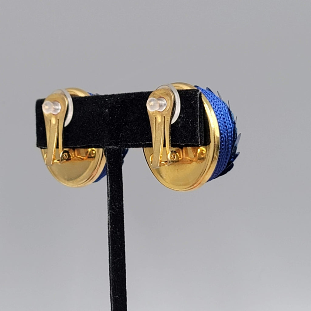 Vintage Blue Sequin Dome Clip on Earrings Gold tone 1 1/8"