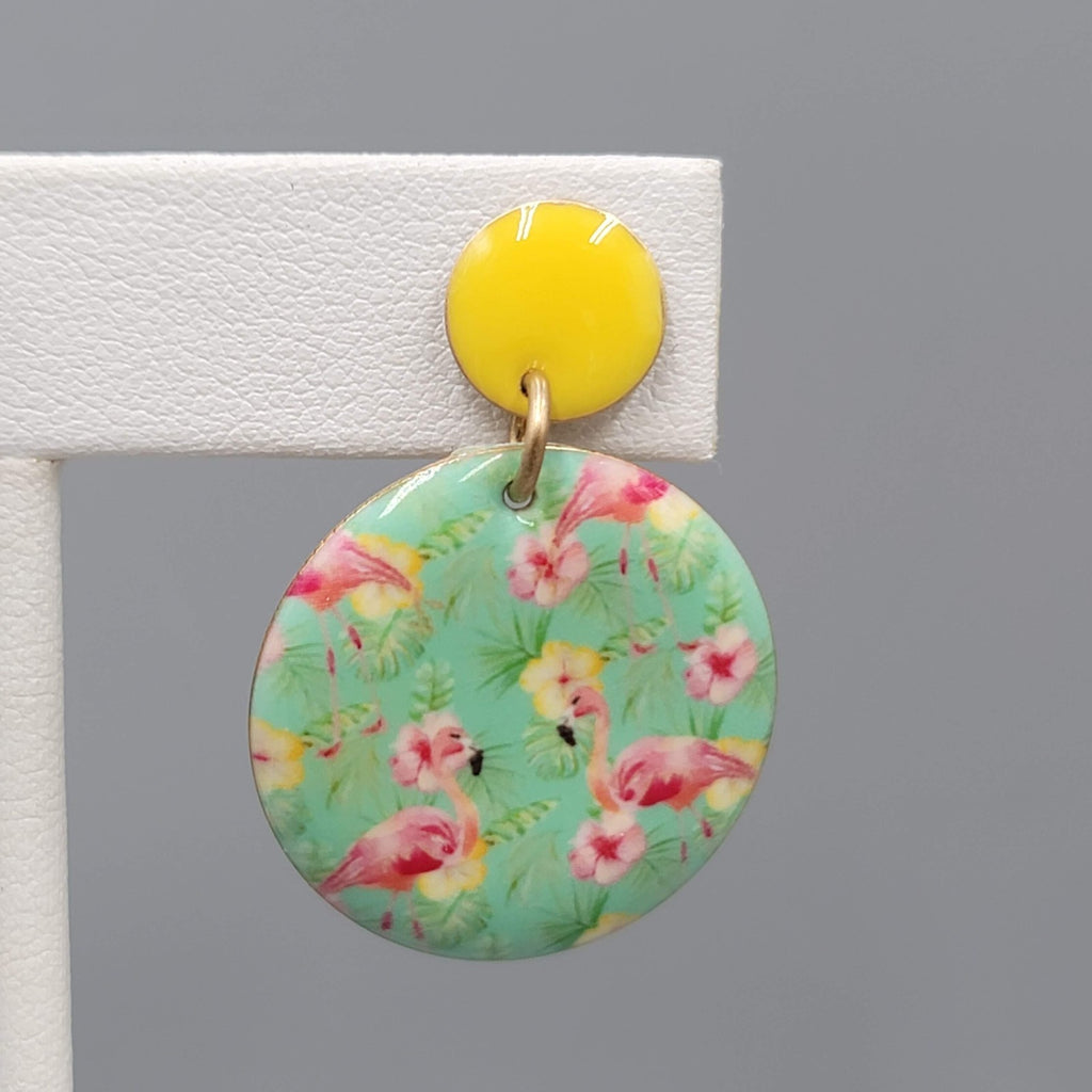 Pink Flamingo Pierced Earrings Yellow Enamel Round Dangle 1 3/8 in