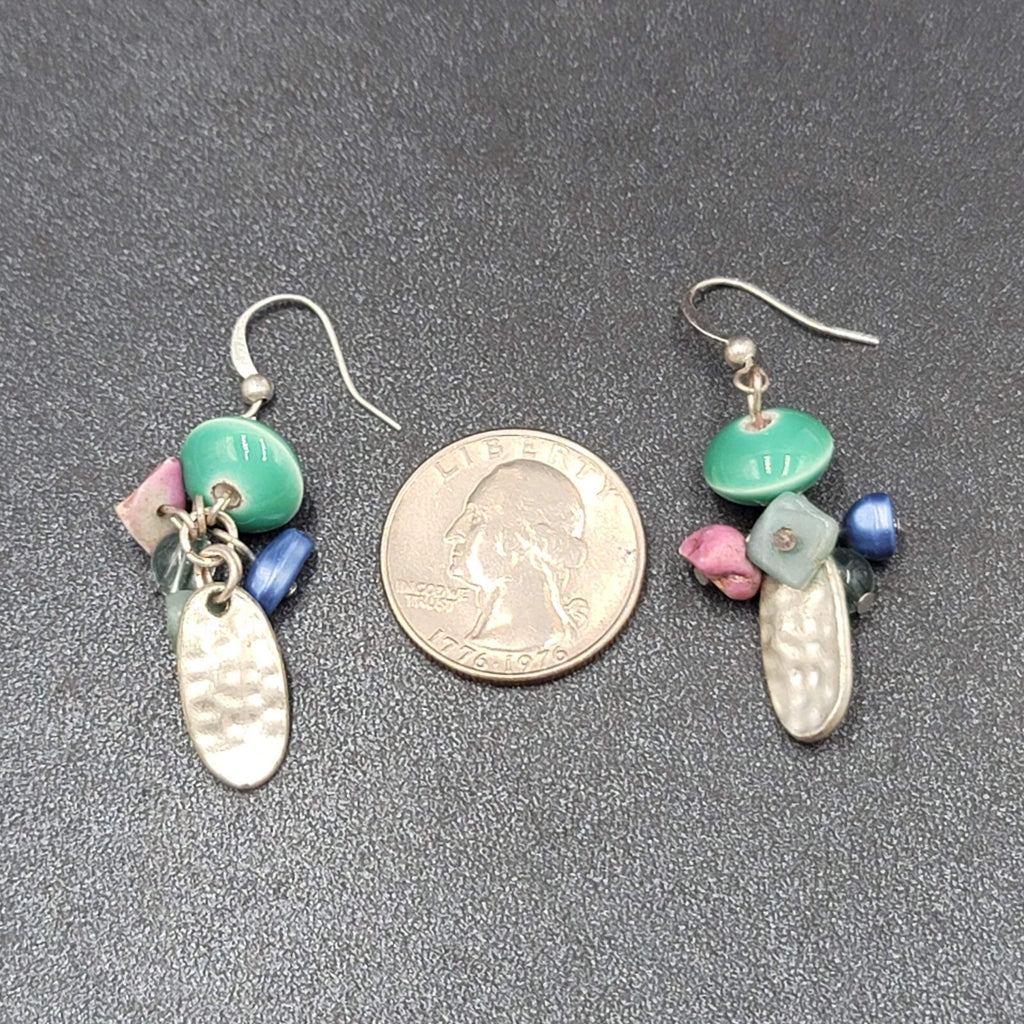 Pierced Earrings Silver tone Dangle Mixed Multicolor Cluster Beads 1.5"