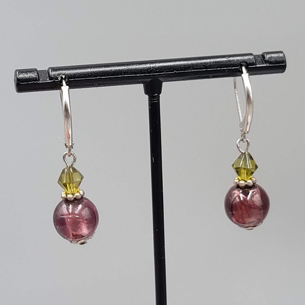 Glass Bead Pierced Earrings Purple Green Silver tone Dangle Leverback 7/8"