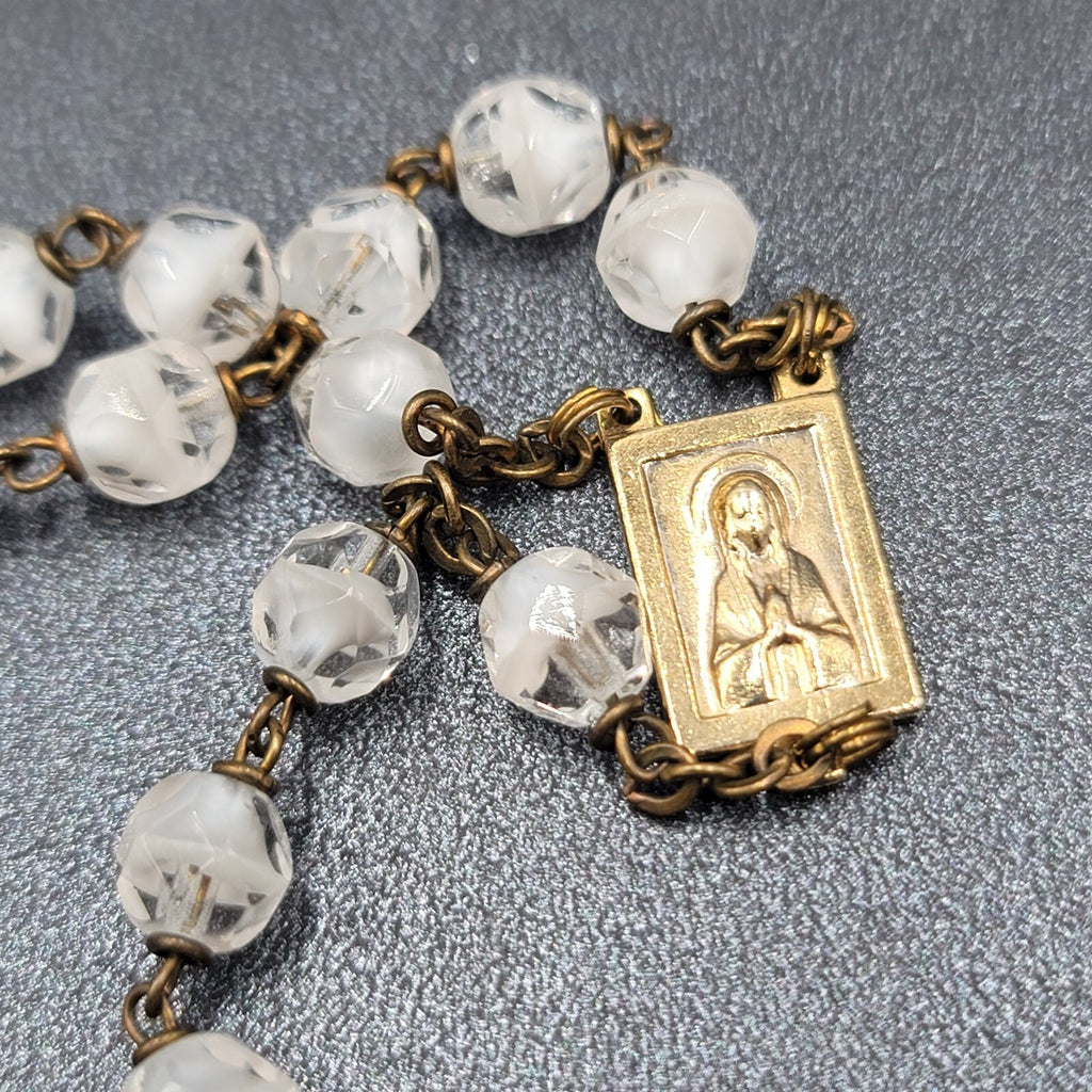 Vintage White Clear Glass Bead Catholic Rosary Crucifix Gold tone