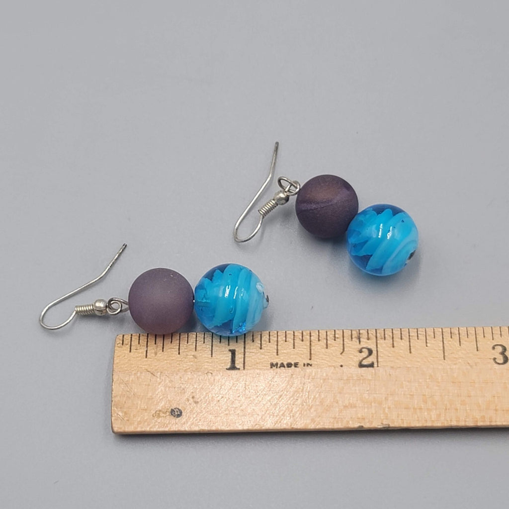 Purple Blue Art Glass Bead Pierced Earrings Silver tone 1.25"