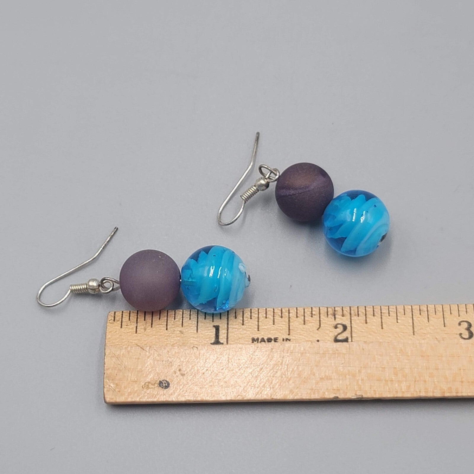 Purple Blue Art Glass Bead Pierced Earrings Silver tone 1.25"