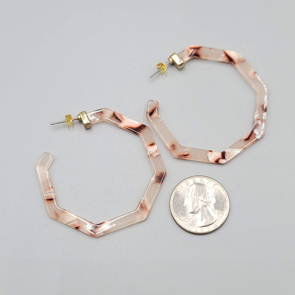 Resin Octagon Hoops Pierced Earrings Pink White Brown Swirl 2"