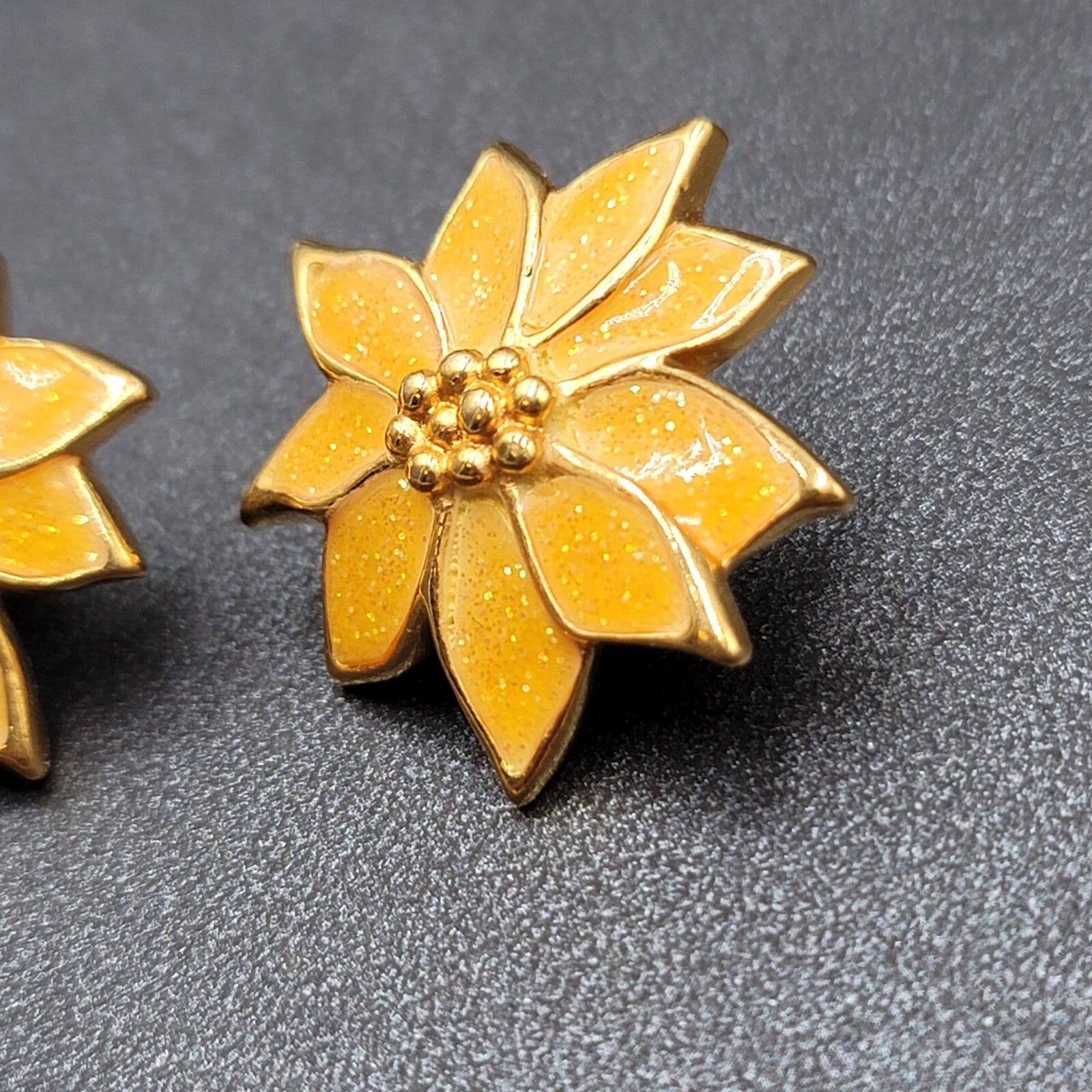 Vintage Pierced Earrings Yellow Enamel Poinsettia Flower Drop 1"