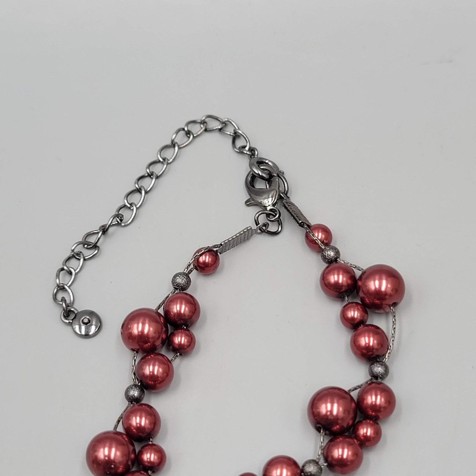 Statement Beaded Necklace Red Faux Pearls Silver Tone Cluster Adjustable 16-18"